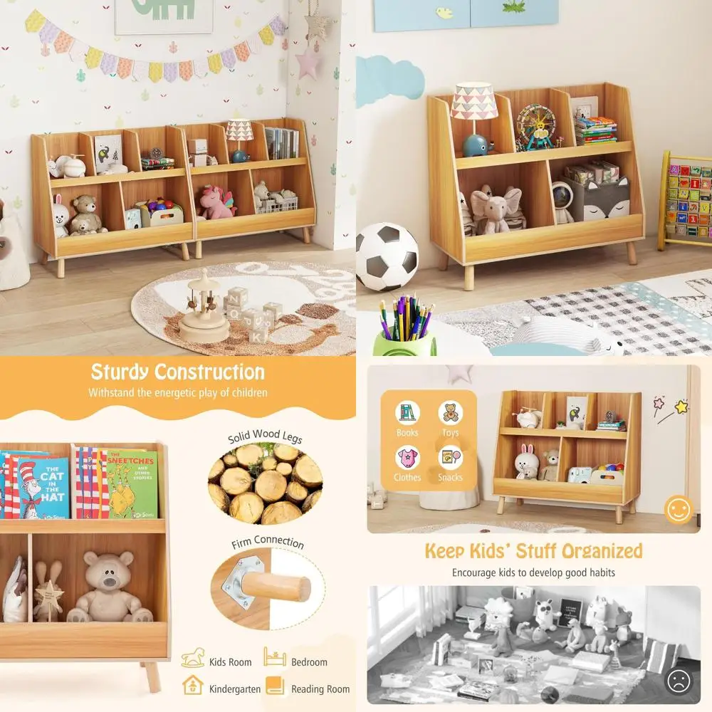 

Natural Wood 5-Cubby Toy Organizer with 2-Tier Bookcase for Kids' Playroom, Bedroom, or Nursery