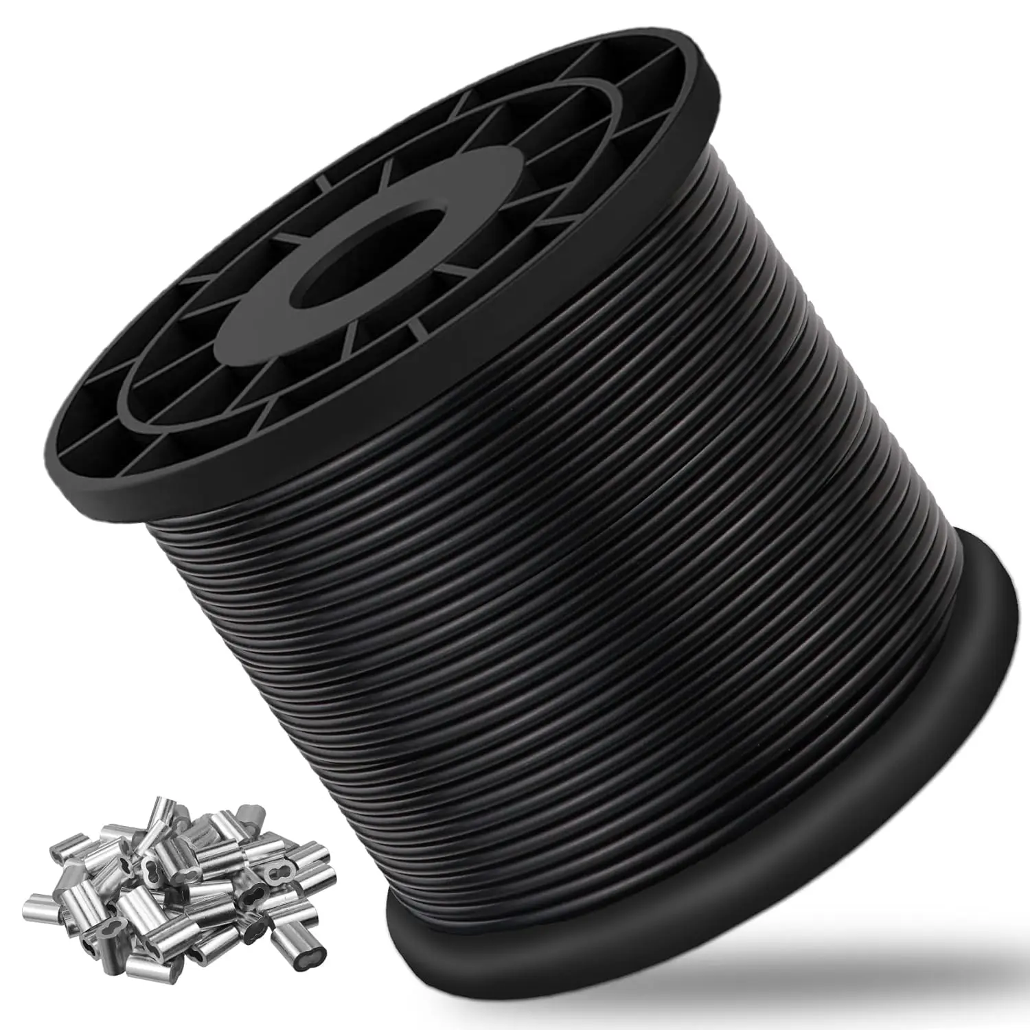 

Black Vinyl Coated Stainless Steel Wire Rope, 1/16" to 3/32" OD x 700FT with Crimping Sleeves for String Lights and Clotheslines