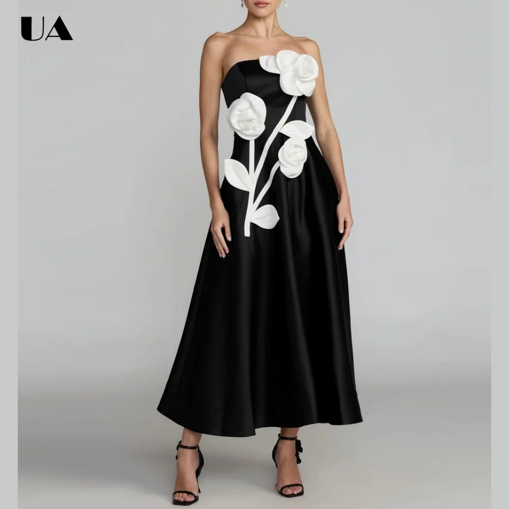 ULBYANRY Elegant 3D Flower Strapless Cocktail Party Dress, Simple Satin A-line Evening Dress, Customized Sleeveless Formal Dress