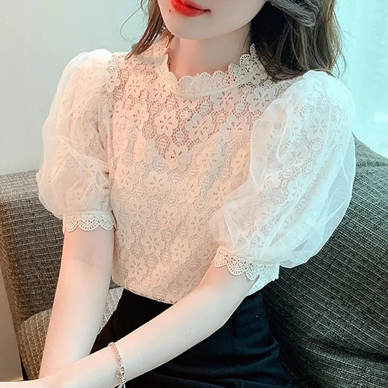 Elegant Short Puff Sleeve White Shirt for Women, Sweet Lace Blouse, Korean Stand Collar Tops, Summer Sweet Clothes, 27168