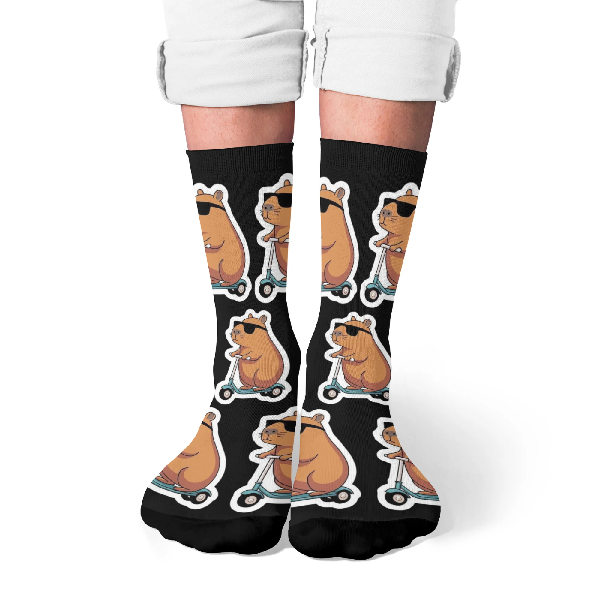 1 Pair Capybara Print Men Mid-Calf Socks Fashionable Street Style Breathable Comfortable Suitable for Casual Outdoors Sports
