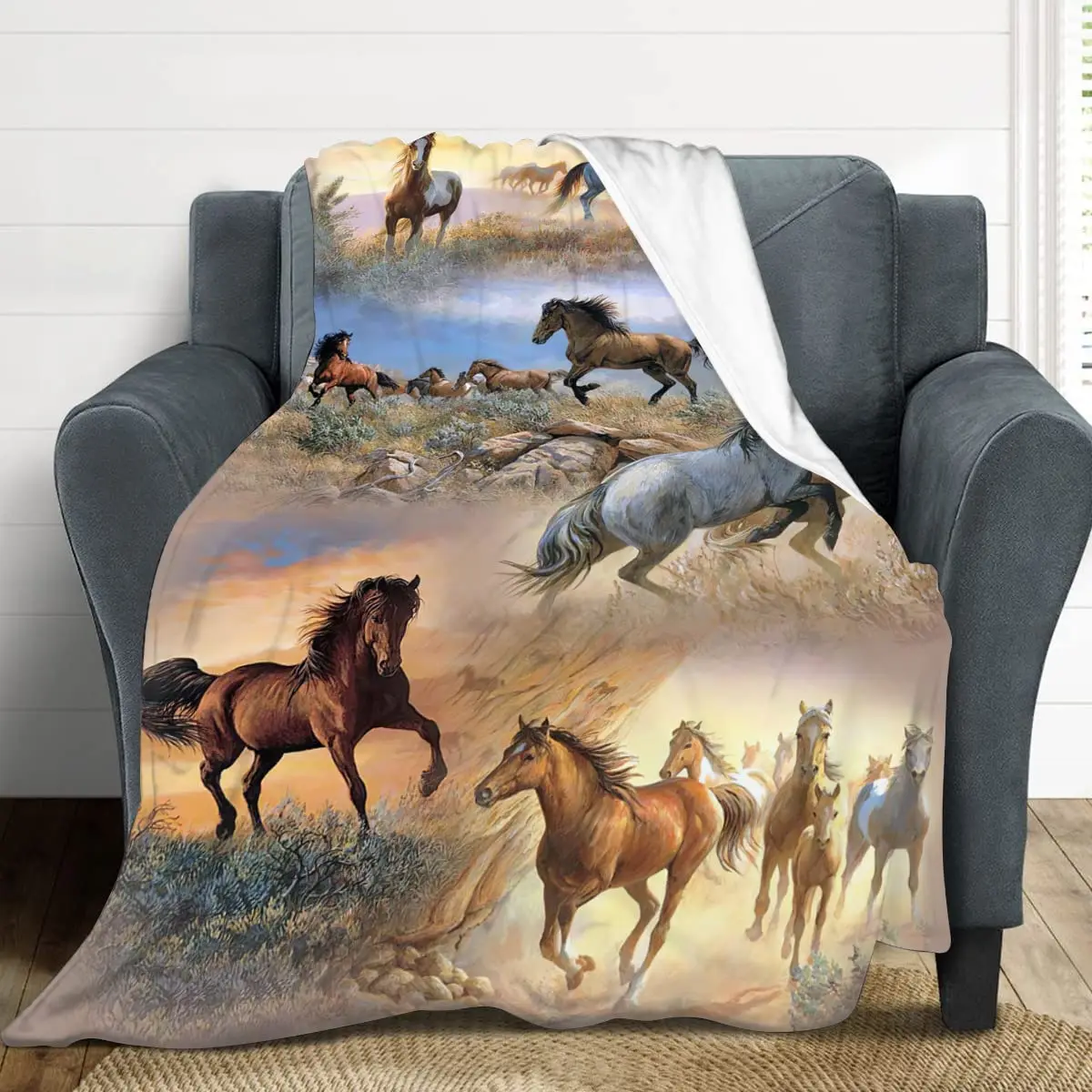 Western Galloping Horse Throw Blanket Lightweight Soft Warm Flannel Blanket for Bed Couch Sofa Living Room,Brown Horse Blankets