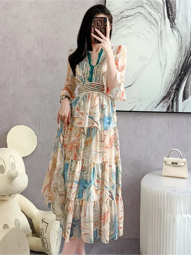 

2024 Summer Flower Print Beach Boho Party Dresses Women Chiffon Half Flare Sleeve V Neck Lace Trims A-Line Ruffles Midi Vestidos