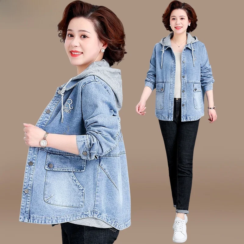 

Повседневная модная джинсовая куртка для мам, весенняя одежда для женщин среднего возраста, стильный свитшот, весенний топ для женщин среднего и старшего возраста