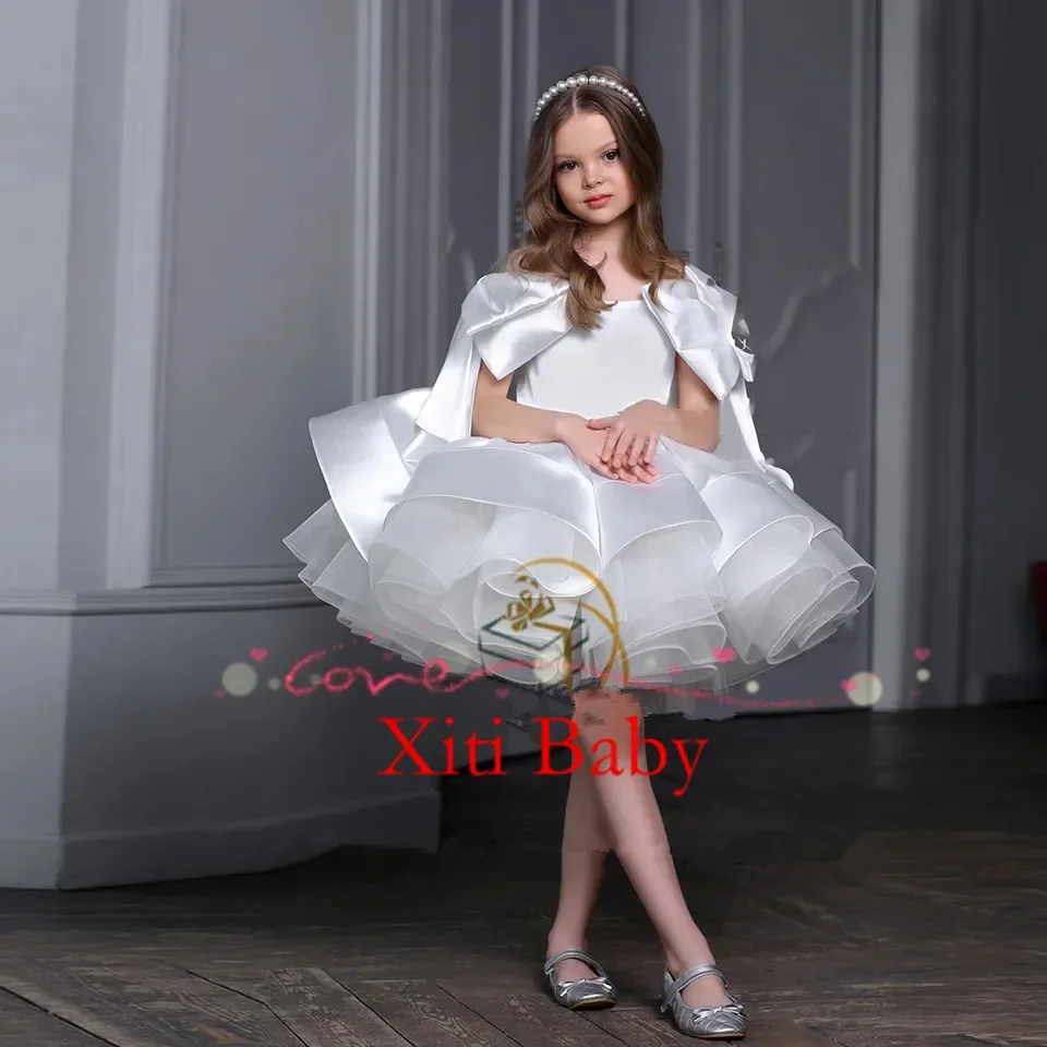 Flower Girl Dress Layers Puffy Princess Girl Dress Rose Satin Bow Child Party abiti da compleanno abito festa luxo infantil