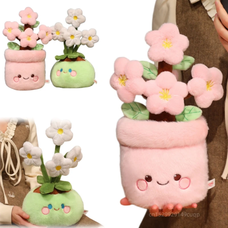 33cm Cartoon Flower Potted Plush Doll Green Pink Daffoily Peach Blossom Plant Plush Toy Home Decoration Gift For Children