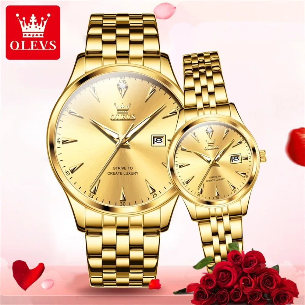 OLEVS 5598 Couple Watch Luxury Brand Waterproof Quartz Watch Fashion Diamond Calendar Date Week His and Her Couple Watch Gift