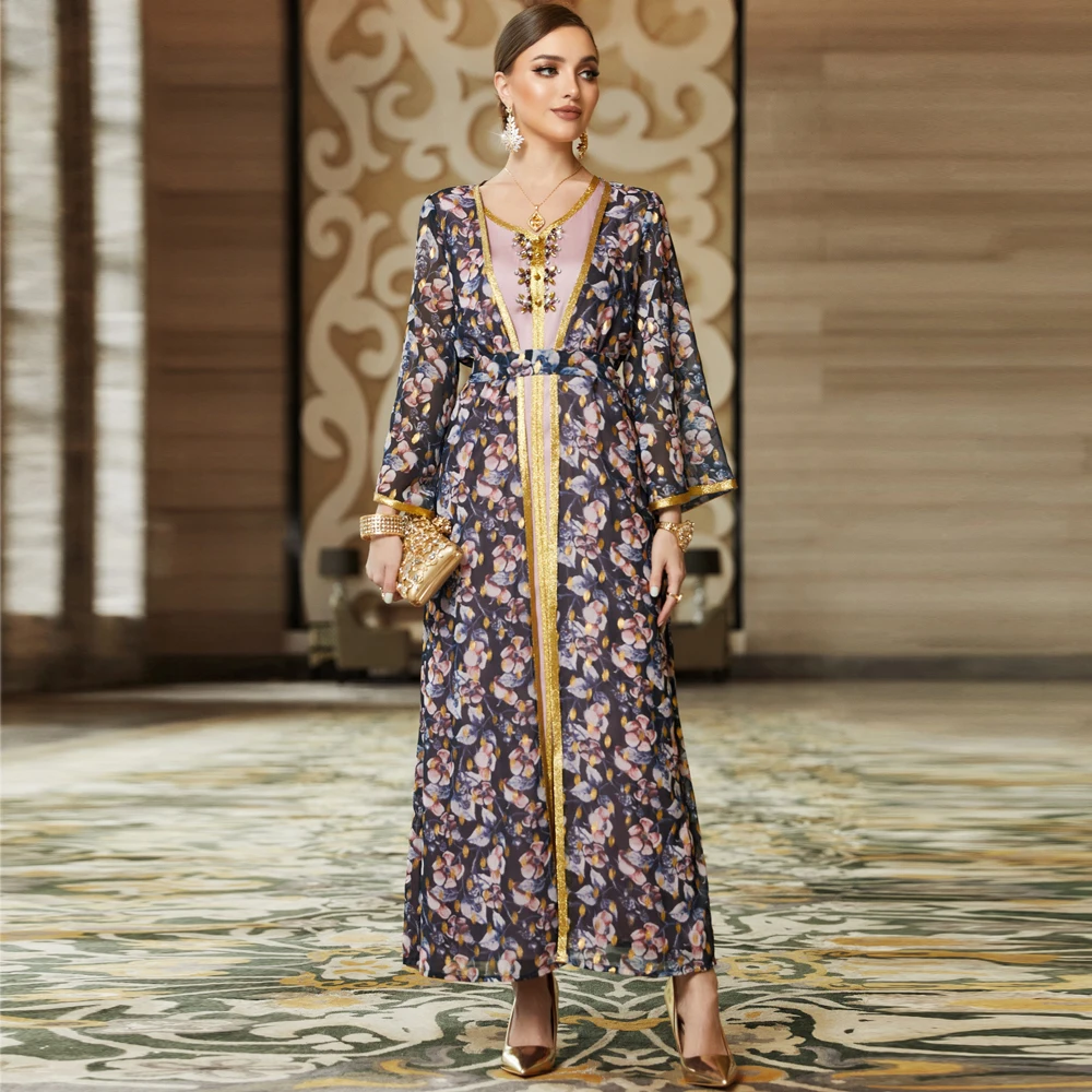 Fashion Pure Handwork Diamonds Muslim Kaftan For Women 2 Piece Suit Flower Printed Full Sleeve Sashes Elegant Turkish Long Dress