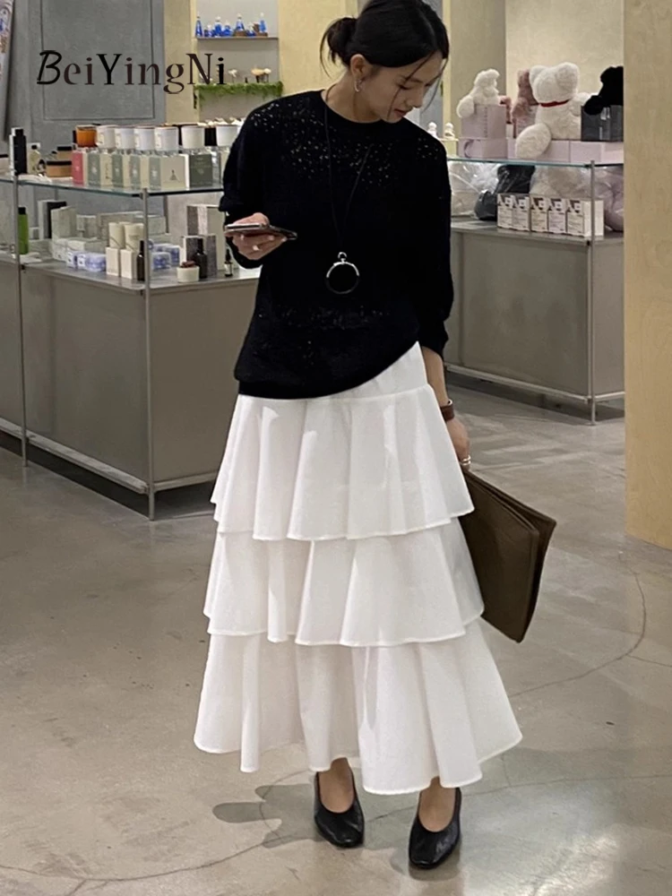 Beiyingni 2025 Nowa Koreańska Spódnica Damska w Jednolitym Kolorze Francuski Vintage Elegancka Długa Spódnica Tortowa Damska Codzienna Szykowna Spódnica w Kształcie Litery A Faldas