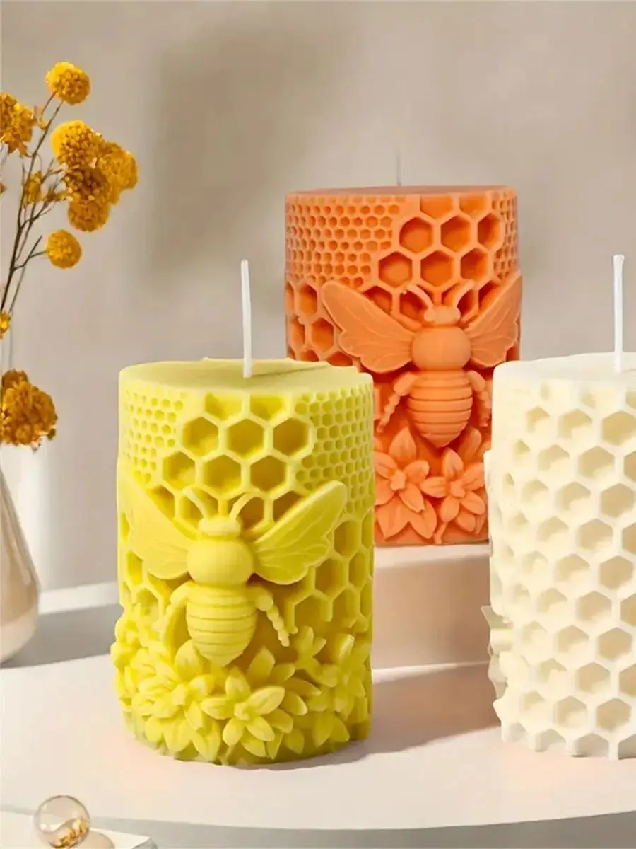 3D Waben Säule Kerze Silikon Form DIY Geprägte Biene und Blume Waben Zylinder Aromatherapie Kerze Gips Form Dekor – Detail 7