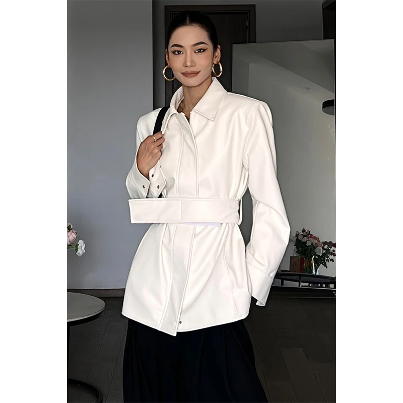 CIZZLEMORE Mid-Length Leather Jaet White Belt Simple Sli Long Sve  Collar Outerwear for Young Women Commute Sle
