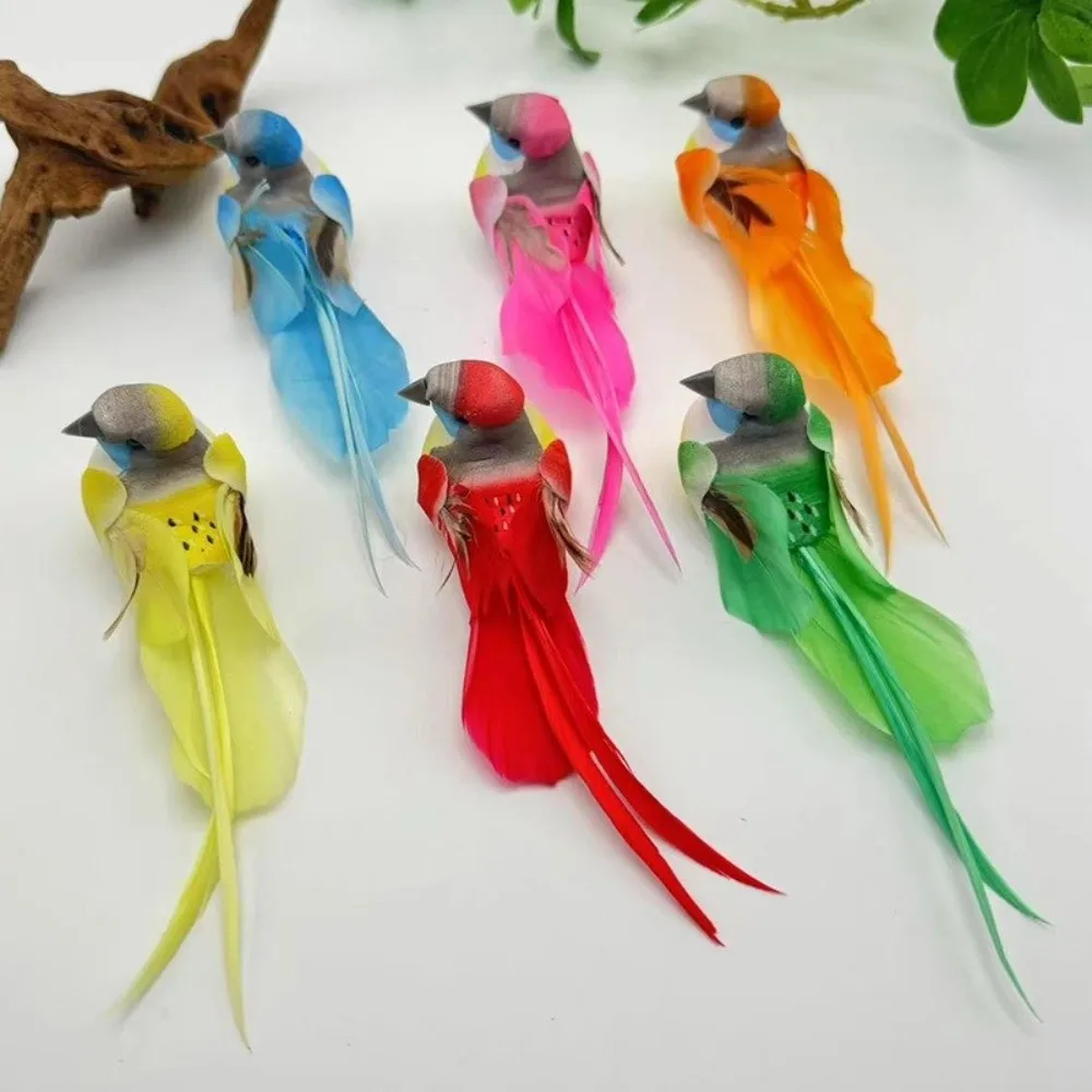 6pcs Colorful Simulation Birds with Clip Photography Props Long-haired Sparrow Home Decor Artificial Foam Feathers Birds