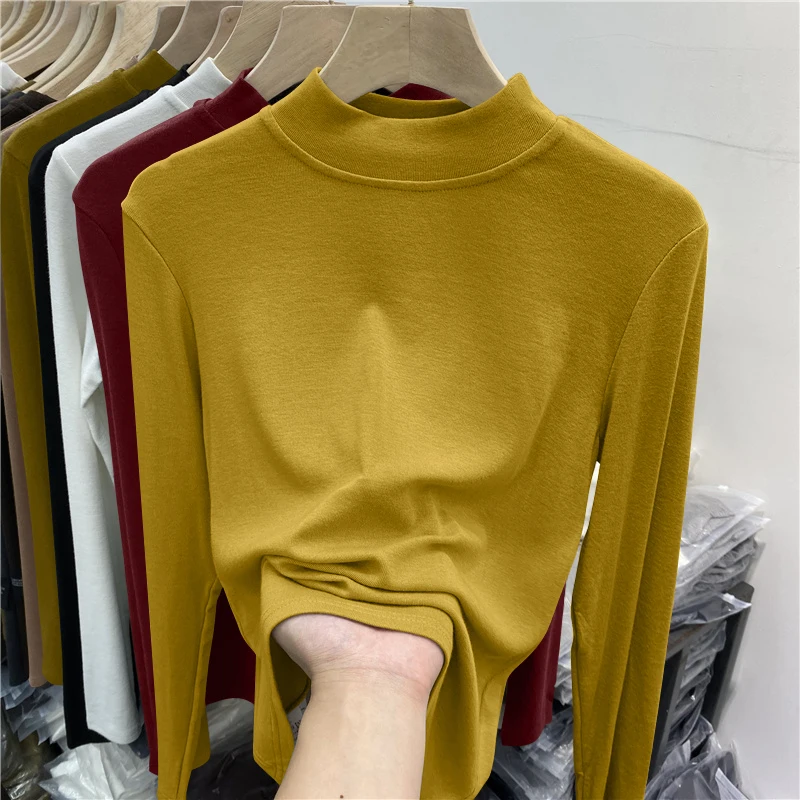 슬림 핏 롱 슬리브 미드넥 티셔츠 여성용 봄 가을 신상 얇은 엘레 리브드 디자인 심플한 단색 탑