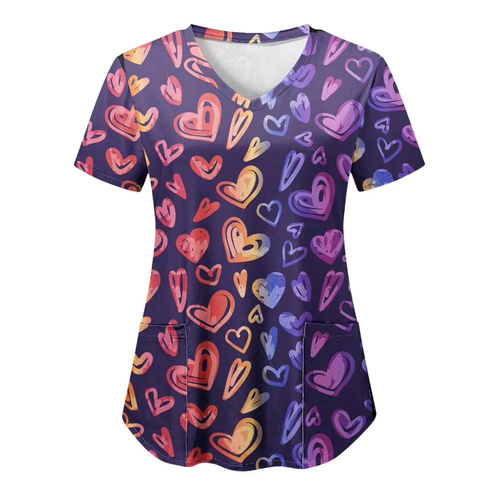 Tops Women Scrub Nurse Print Short Sleeve Cartoon V-Neck Tops Working T-Shirts Heart Print Healthcare Tunic Carers Workwear Tops