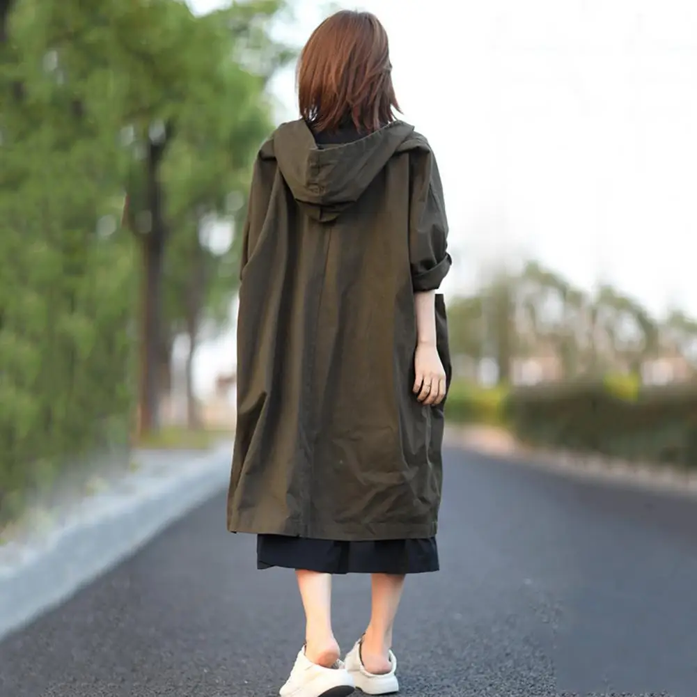 

Casual Hooded Jacket Stylish Hooded Women's Cardigan Coat with Drawstring Large Pockets Mid-calf Length Overcoat for Daily Wear