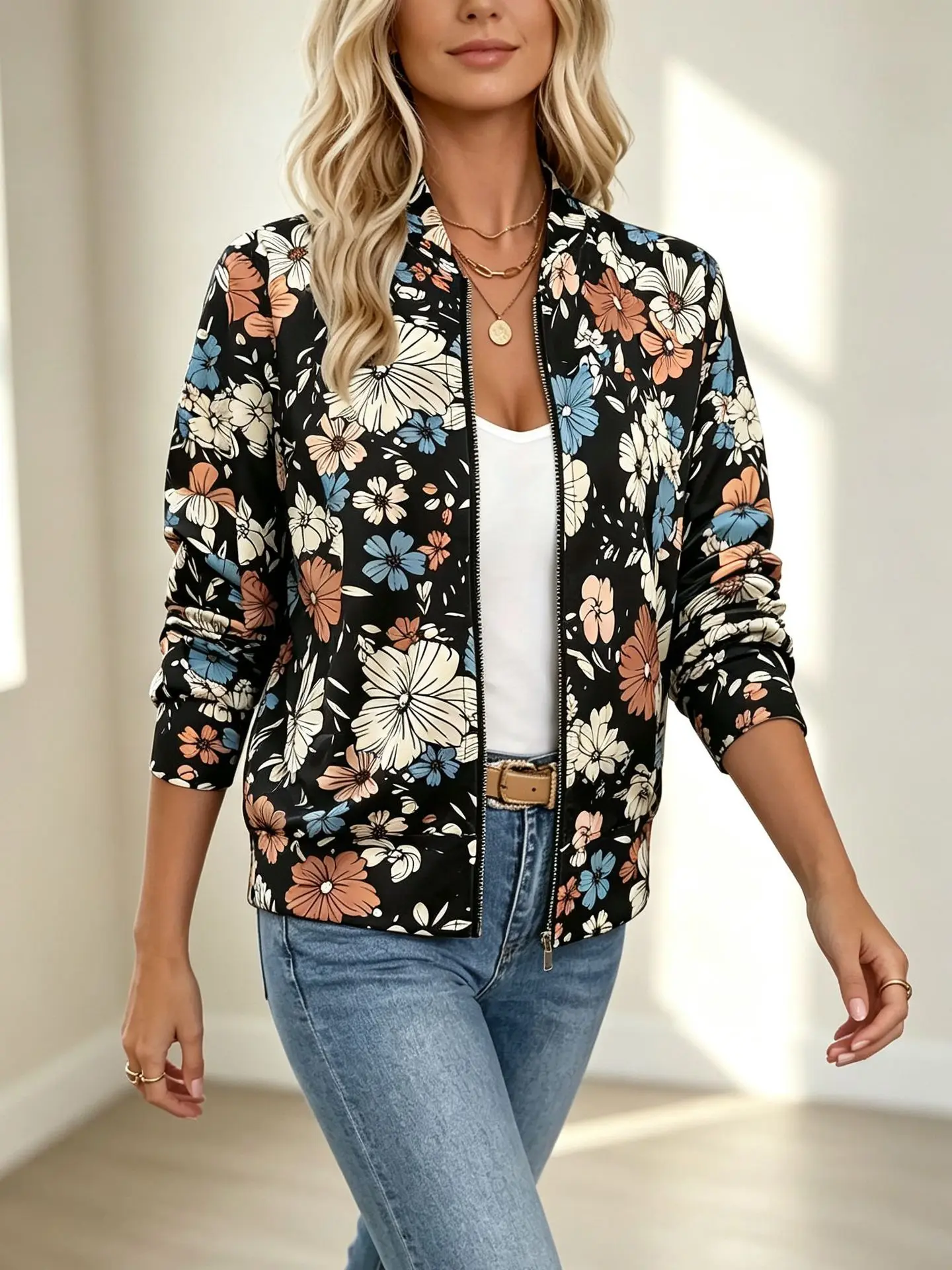 Spring Autumn Women Black Base Floral Printed Zip Up Baseball Jacket Fashion Stand Collar Loose Thin Outer Coat Streetwear