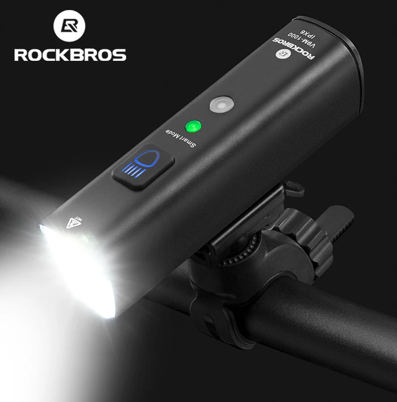 ROCKBROS światło rowerowe światło rowerowe inteligentne wykrywanie wibracji 1000 lumenów 4000mAh 5 trybów latarka LED typu c lampa rowerowa przednie MTB