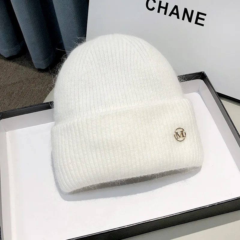 여성용 한국 스타일 겨울 니트 비니 - 플리스 안감 두꺼운 따뜻함, 트렌디한 레터 디자인 시크하고 우아한 패션 울 모자