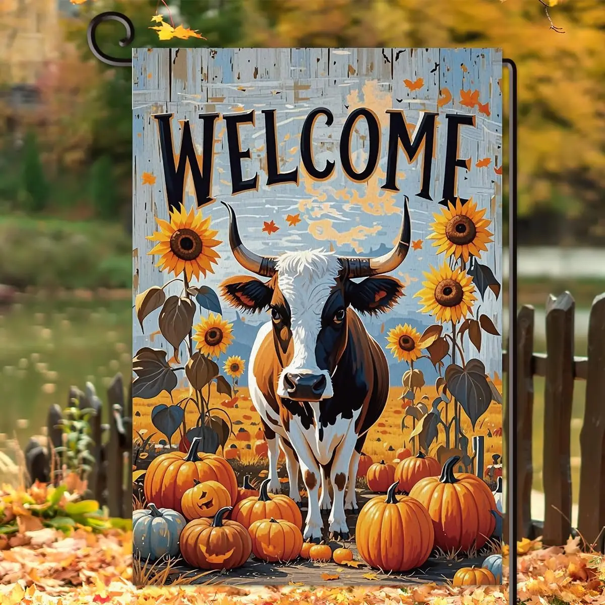 Bandera de bienvenida de vaca de las Tierras Altas para jardín, de doble cara, con girasoles y calabazas de otoño, decoración exterior para el hogar y el día de Acción de Gracias.