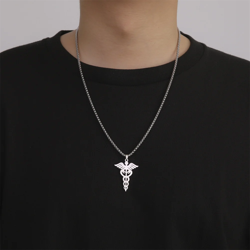 My Shape Caduceus Pendent Necklaces for Women Men Medical Snake Scepter Wings Nurse Doctor Medical Stainless Steel Jewelry Gifts