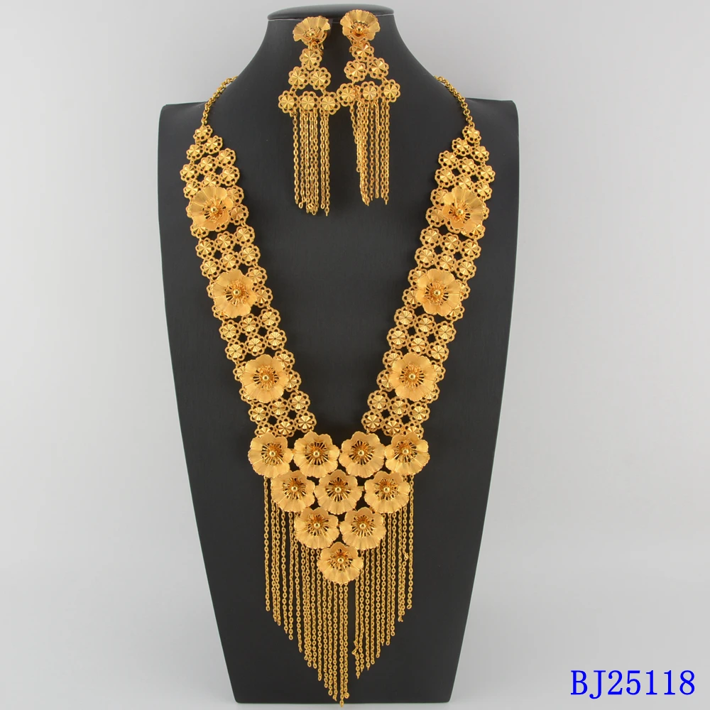African Women Fashion Coral Beads Jewlery Set Luxury Dubai Style Plated 4pcs Necklace Earrings Ring Bracelet Party Gift