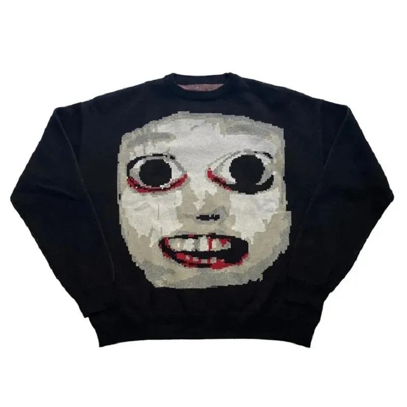 American Y2K dark horror style 3D portrait jacquard pattern winter unisex loose knit sweater