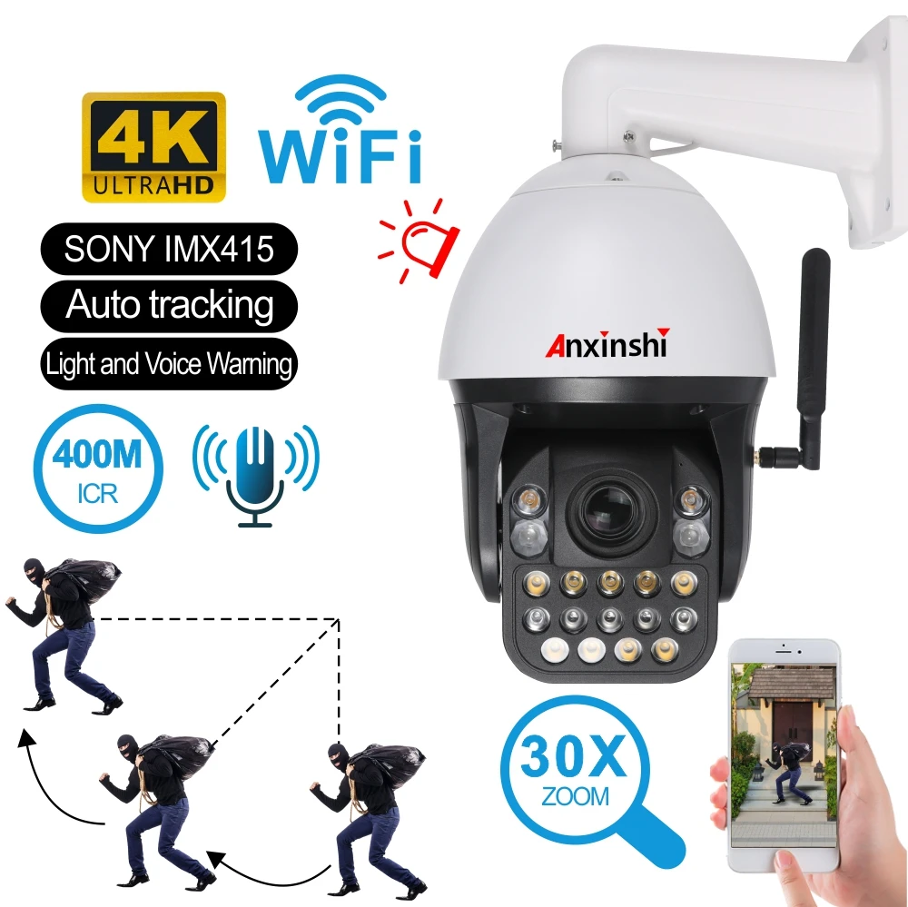 Anxinshi Factory  Price 4K Auto Human tracking  light and  Voice Warning  same time Wifi PTZ Camera