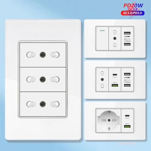Imagen 2 del producto Vidrio templado blanco Italia USB tipo C enchufe de pared de carga rápida inteligente Panel de interruptor de luz Schuko Chile TV Sat ordenador CAT6