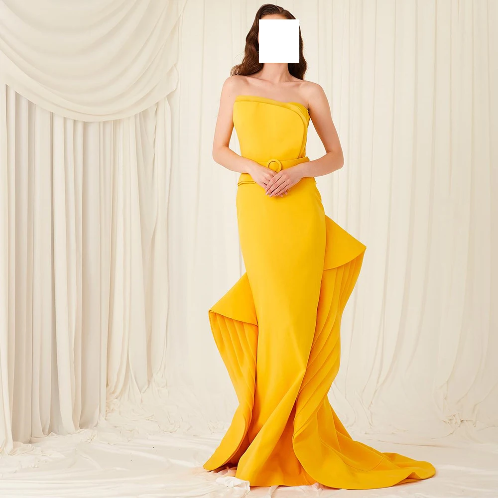 

Yellow Floor Length Straight Jersey Sleeveless Strapless Classic Celebrity Dress Pleats Sahes Sweep Train Special Occasion Gowns