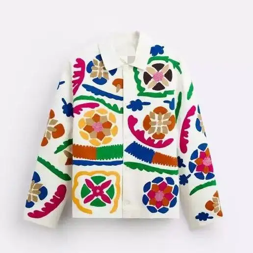 

Индийская куртка с вышивкой в стиле тотем, осень 2025, новинка, повседневная женская модная верхняя одежда, универсальное хлопковое пальто с V-образным вырезом