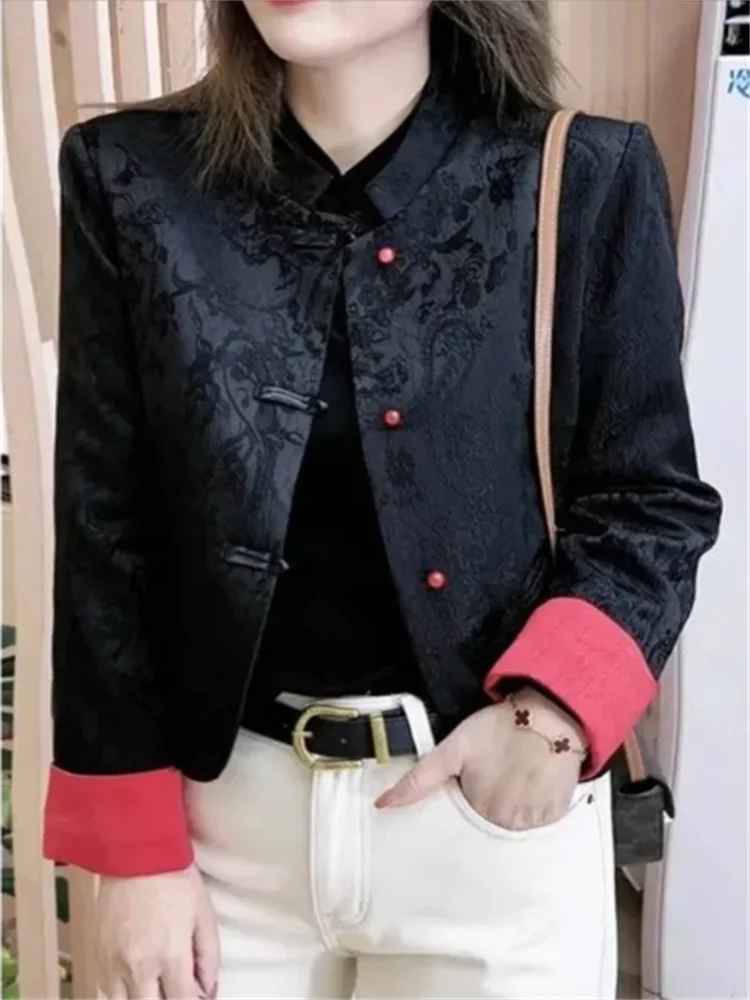 Retro Buckle Button Coat Women's Short Jackets Chinese style Coat for Female Stand Collar Stitching Outwear Spring Autumn Coats