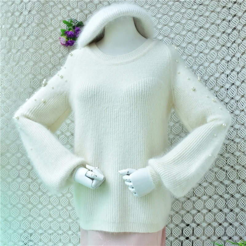 Ladies Women Autumn Winter Beige Beading Hairy Angora Rabbit Hair Knitted O-Neck Long Lantern Sleeves Slim Sweater Jumper Pull