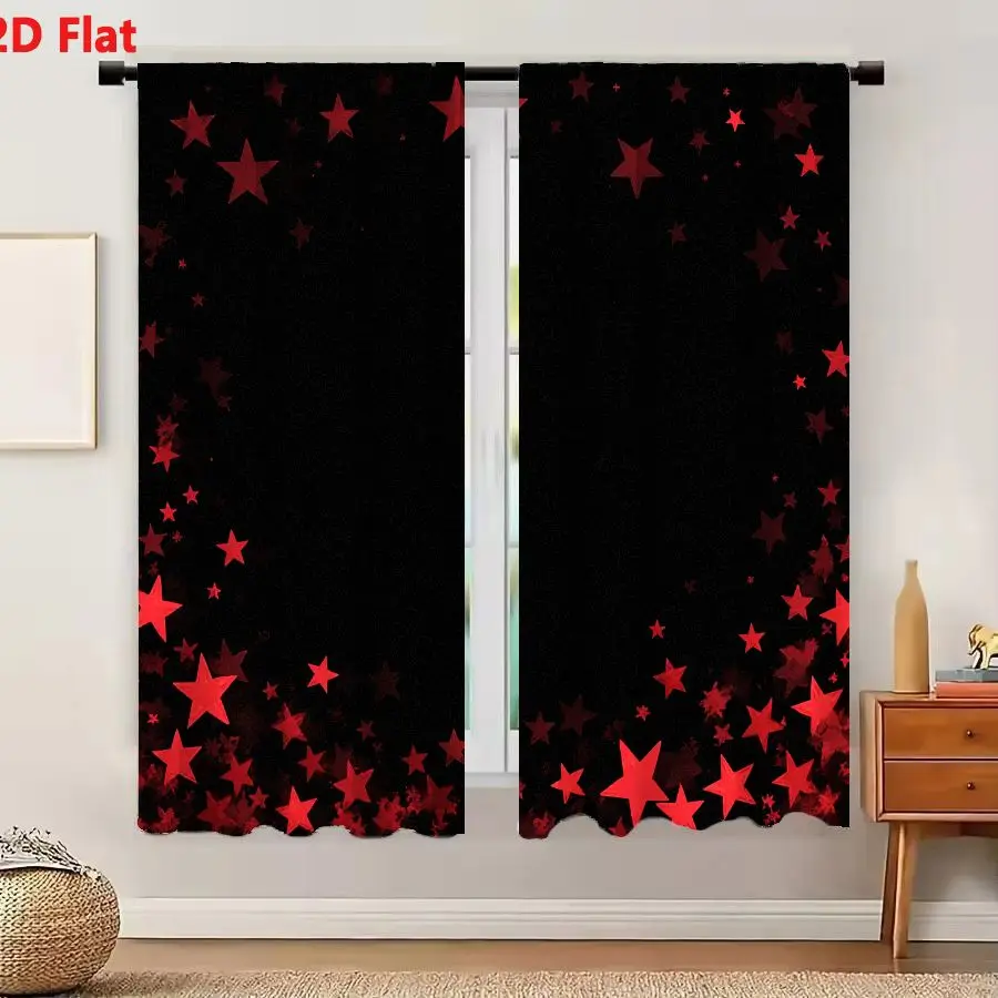 2Pcs Curtains 2D Flat Dark Background With Red Stars Border Festive Design Element Window Drapes for Bedroom Room Decor Decorati