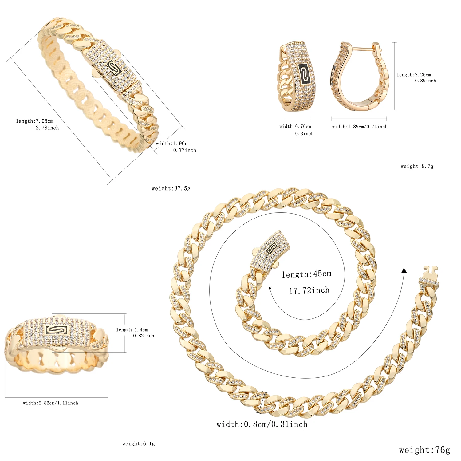 A Set of White Zirconia Jewelry with Brass and Diamond Inlay, Including a Necklace, Bracelet, Ring, and Earrings, 4-Piece Set
