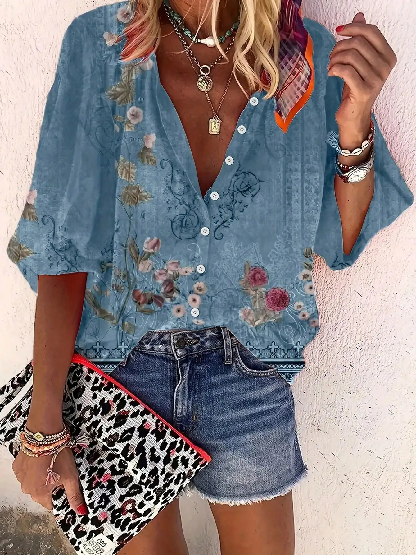 

Western leisure vacation ethnic style geometric print three-quarter sleeve women's shirt
