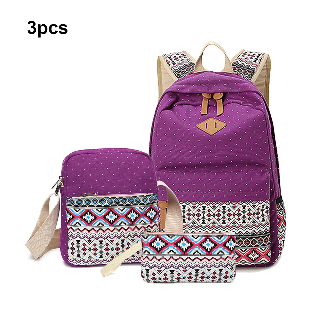 Grande Capacidade Canvas Mochila, Conjunto Bolsa de Ombro, Mochila Escola Étnica, Ajustável Estudantes Mochila, Bolsa de Viagem, 3 Peças