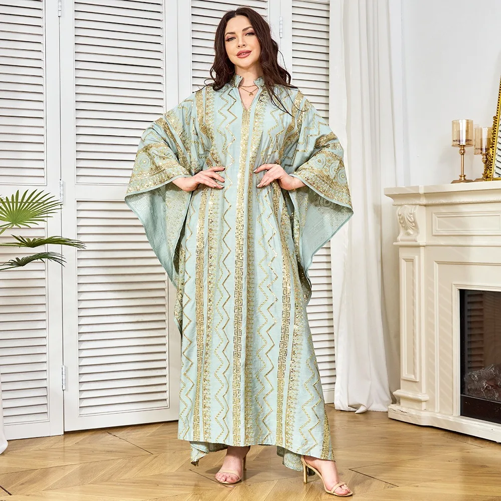 

Оптовая продажа элегантного мусульманского платья Ближневосточного востока с золотыми блестками и вышивкой Элегантный халат с рукавами «летучая мышь»