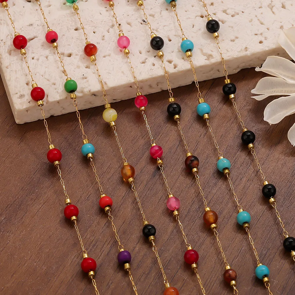 1M Muti-color Stainless Steel Round Natural Stone Clip Beads Chains for Necklace Bracelet Jewelry Making Supplies Accessories