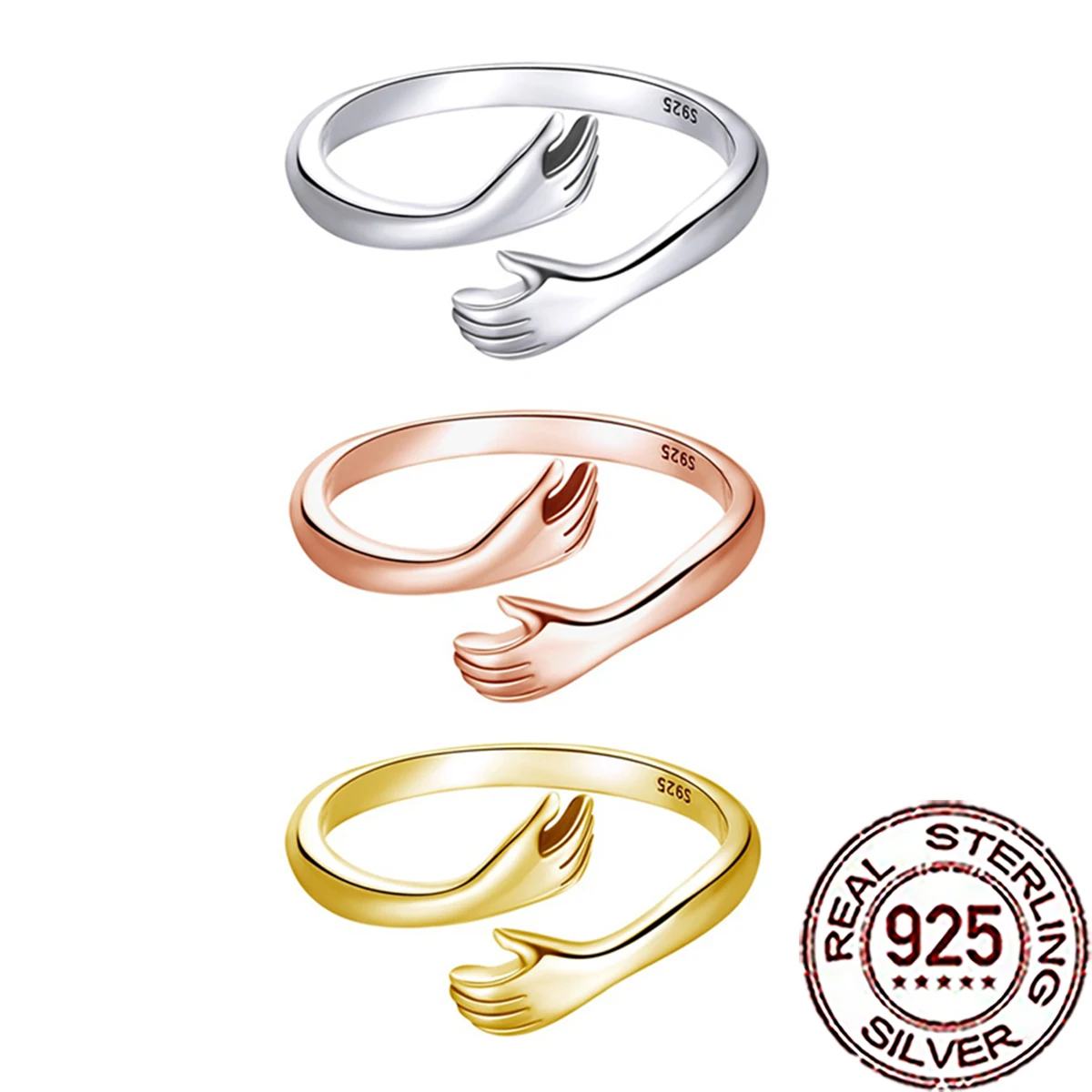 

QooLady 925 Sterling Silver Trendy Hand Hugging Open Adjustable Finger Ring for Women Wedding Party Statement Jewelry Gift SR025