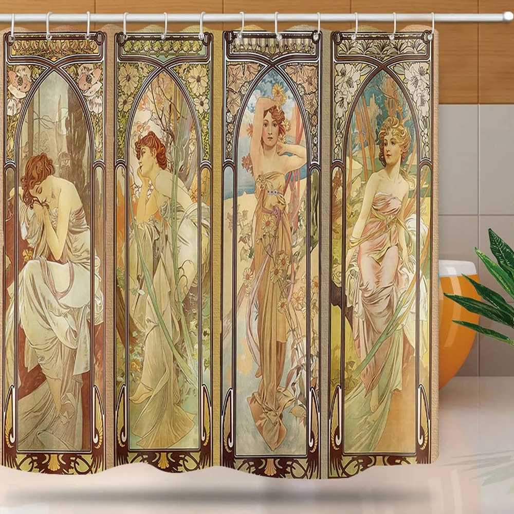 Art Nouveau Lady Shower Curtain,Aesthetic Art Times of The Day, Night\'s Rest,Evening Reverie,Daybreak,Morning Awakening Bath Set