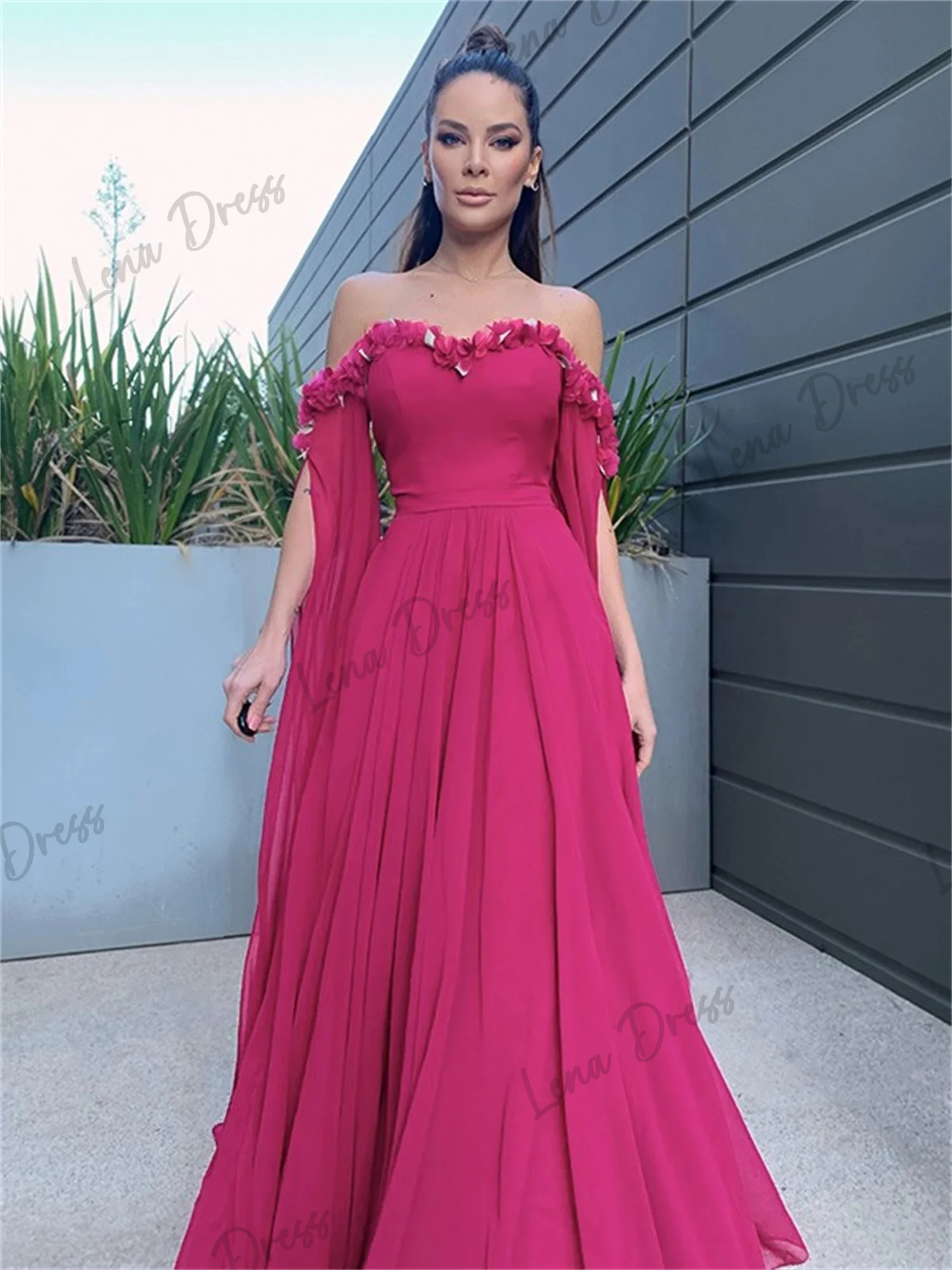 

Lena-2024 Luxury Chiffon Long Ball Dress Elegant and Beautiful Evening Dress Rose Red Women's Dress