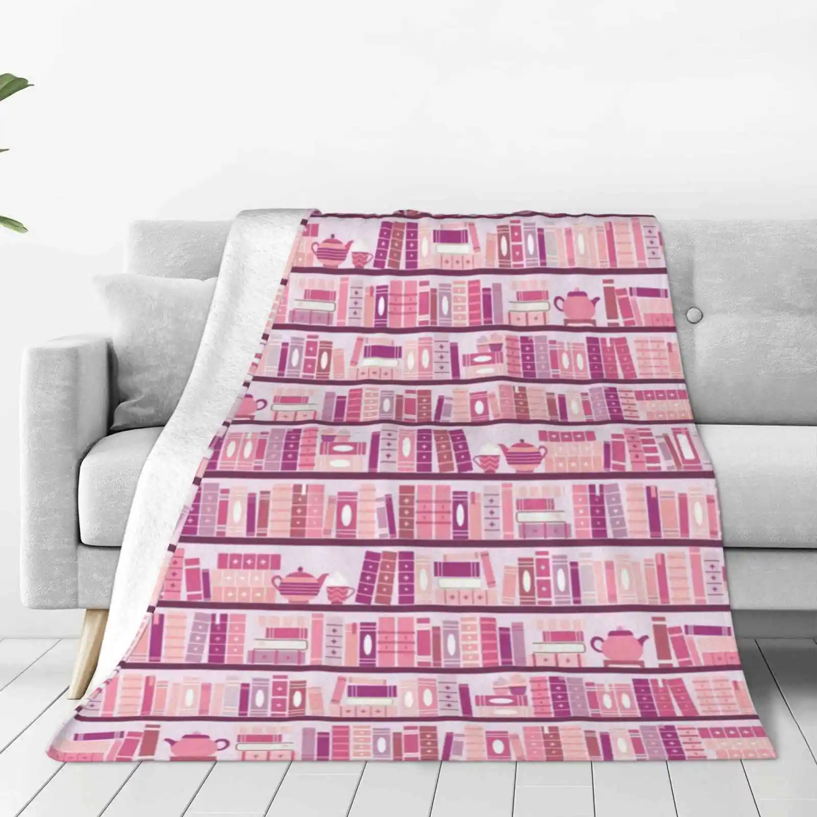 Pink Bookcase Pattern Romance Tea Books Super Warm Soft Blankets Throw On Sofa/Bed/Travel Bookish Bookcase Book Pattern Coffee