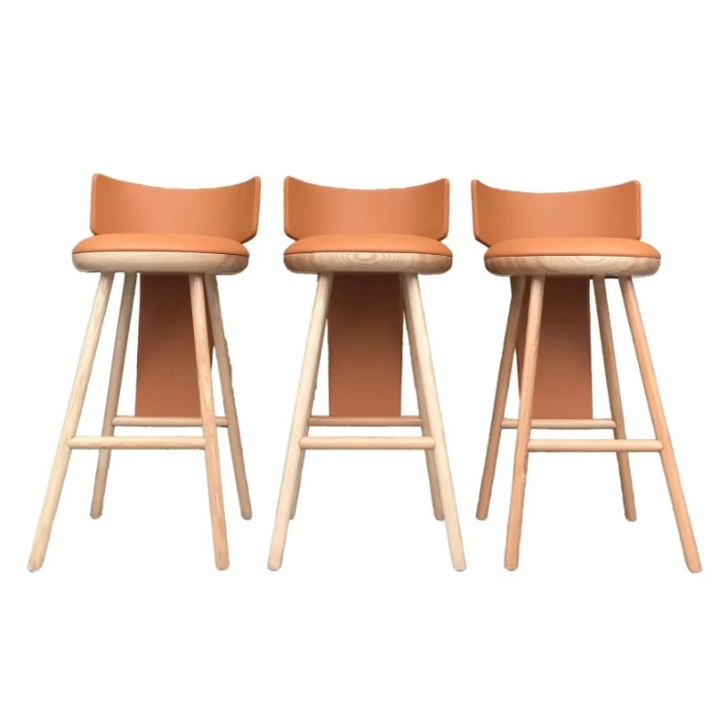 Modern Luxury Wooden Bar Stool Solid Ash Wood Counter Height Chair with Leather Backrest for Bar