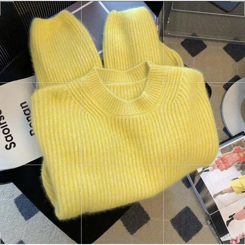 Women\'s Clothing Yellow Knitting Sweater Cashmere Long Sleeves Solid Round Neck Vintage 2024 Fashion Baggy Ladies Spring Tops