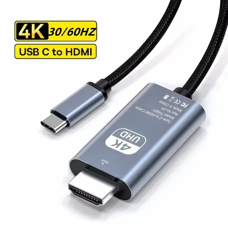 USB C to HDMI Cable 4K 60Hz 30Hz Type C Adapter HDTV Converter for iPhone 15 MacBook Air iPad Samsung 2m Braided Screen Cable