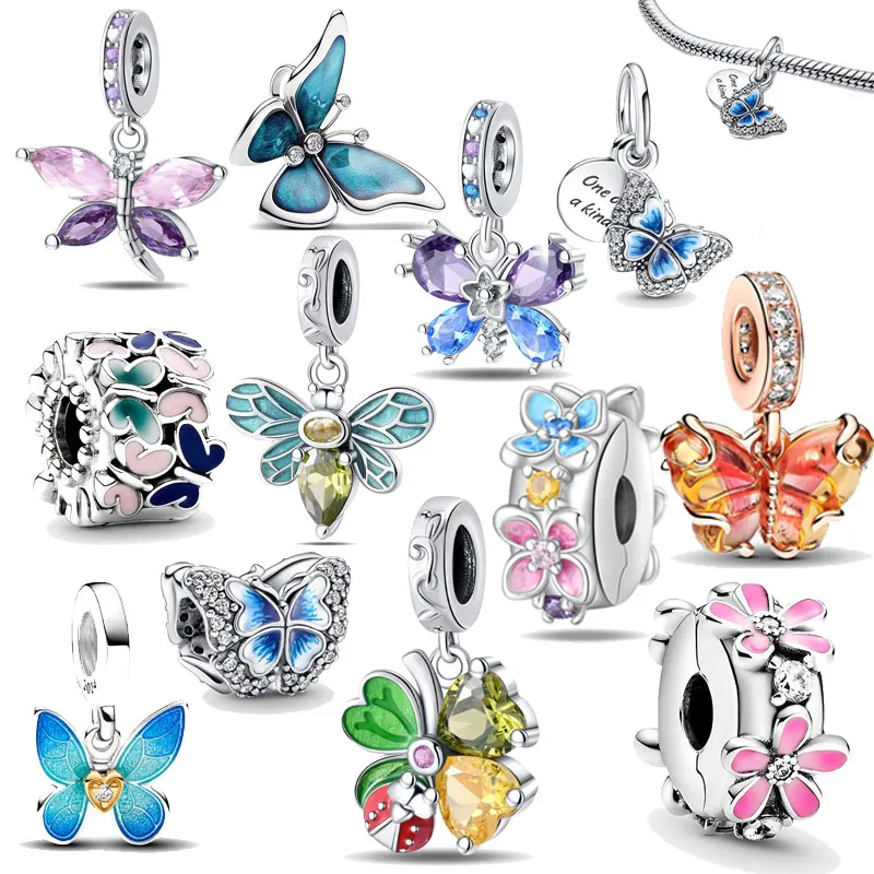 2025 New 925 Silver Bead Charm Spring Series Sparkling Butterfly Dangle Charm Diy Fit Original Pand Bracelet Women Jewelry Gift