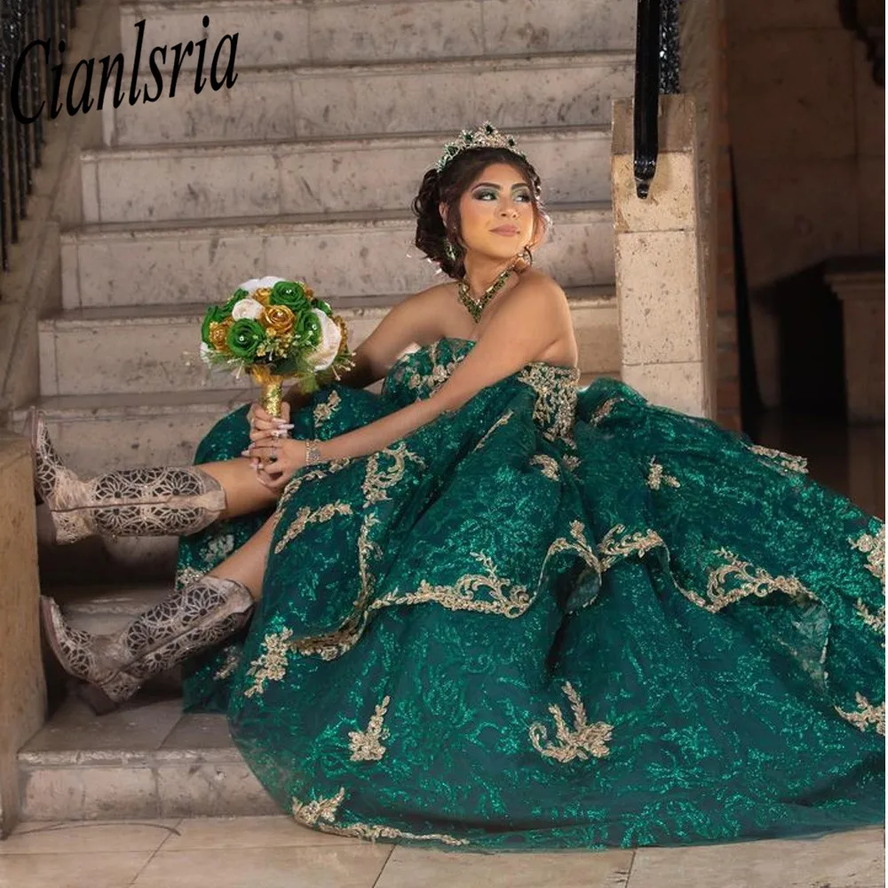 الأخضر المكسيكي Vestido De 15 Anos Charro Quinceanera فساتين الذهب الدانتيل زين مشد الحلو 16 فستان Abiti دا Cerimonia