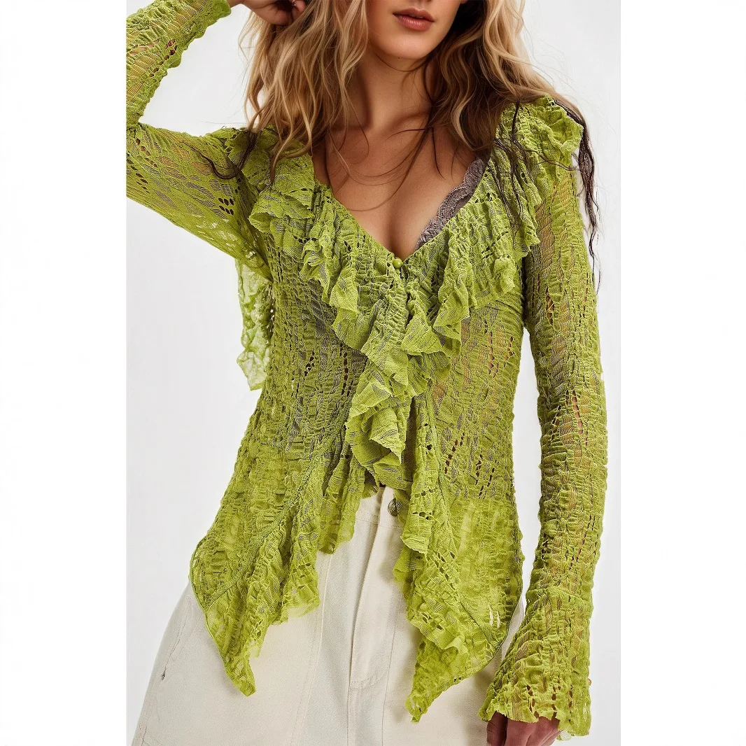 Women's Lace V-neck Blouse Long-Sleeved Ruffled Collar Knitted Top Short Style Fashionable Autumn New Arrival