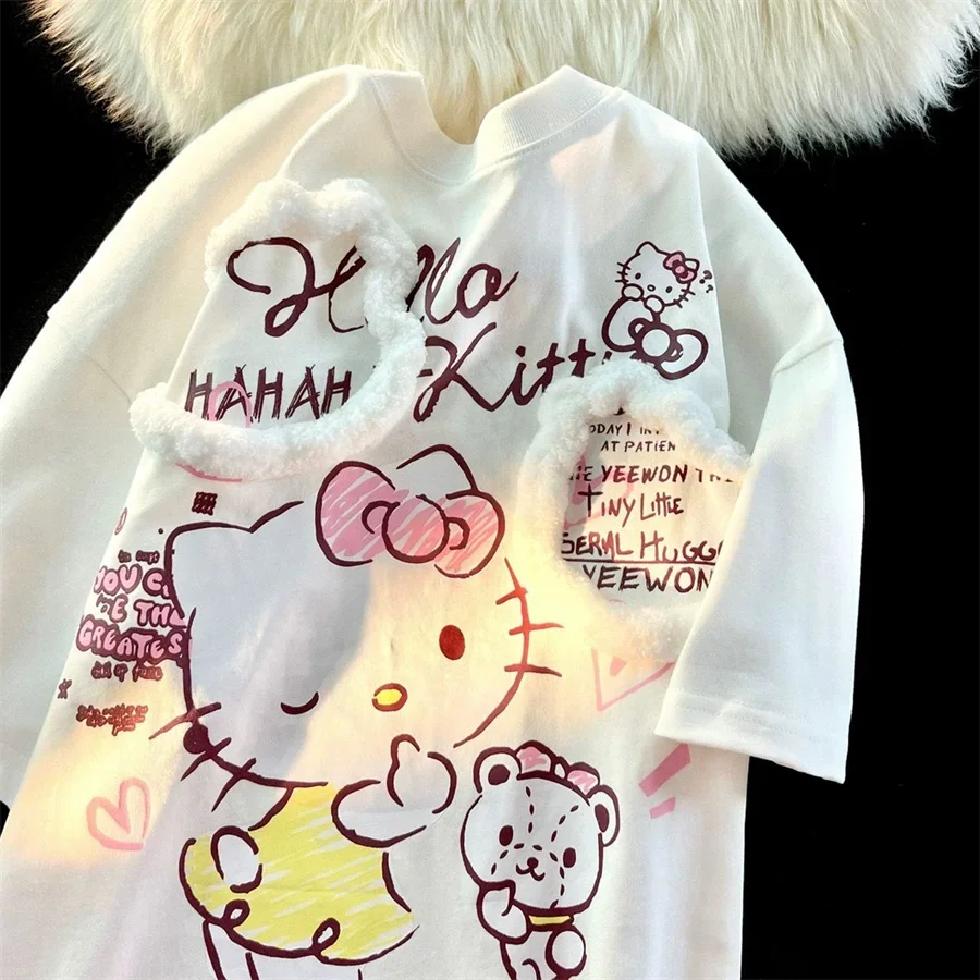 SanrioHelloKitty Cotton T-shirt Cute Short Sleeve 2024 New Sweet Cartoon Anime Summer Dopamine Couple TopsPlus Size  Kawaii Gift