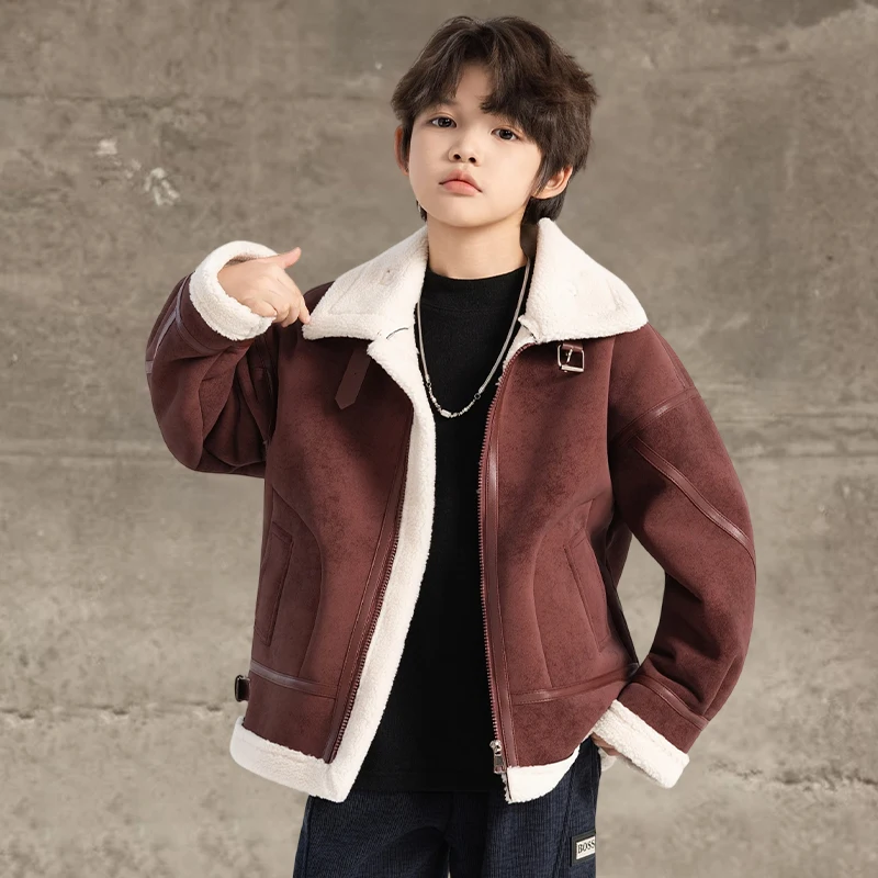 Kids Velvet Warm Fleece Jacket Korean Style Baby Boys Girls Suede Coat Zipper Closure Winter Outwear Fashionable Thickened